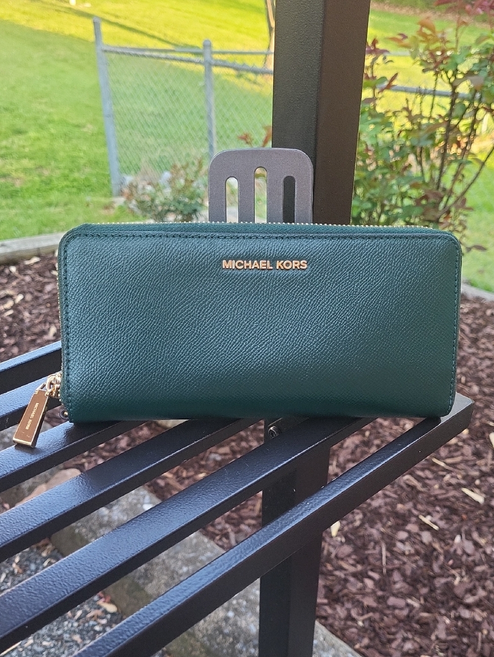 Michael Kors Dark Green Zip-Around Wallet with Gold Logo